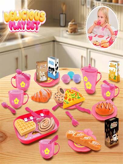 25pcs Afternoon Tea Dessert Food Playset, Realistic Dessert Tableware Pretend Play Kitchen Cookware Tea Set Toy Storage Box, Interactive Toy For Boys And Girls, Creative Gift For Birthday, Random Color And Style