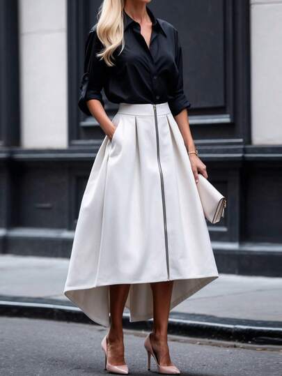 Women's Elegant Single-Breasted Long Sleeve Top And Contrast Color Zipper Skirt 2-Piece Set, Commuting, Elegant, Casual, Zipper, Spring/Summer