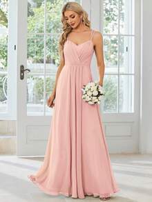 Vestido de dama de honor minimalista de unicolor con pliegues y espalda cruzada, boda rosa primaveral - Rosa - Ver 4