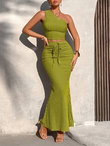 AIJ Women's Casual Striped Ruffle Cropped Top And Ruffle Mermaid Skirt 2 Pieces Set (Random Print), Summer Vacation - Green - View 3