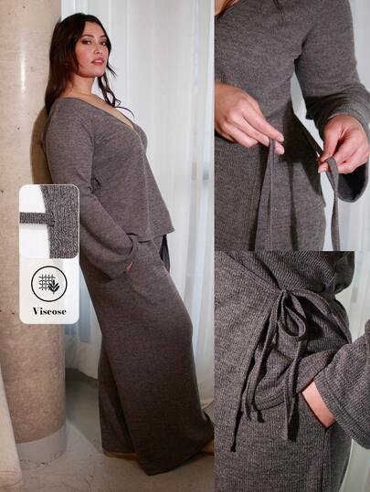  ELLERISSA Plus Size Women Pajama Set,Womans Casual Two Piece Lounge Set, Autumn/Winter Grey Knit Wrap And Pants Set ,Comfy Fall Clothes For Women,Winter Women Clothes,New Years Women Outfit