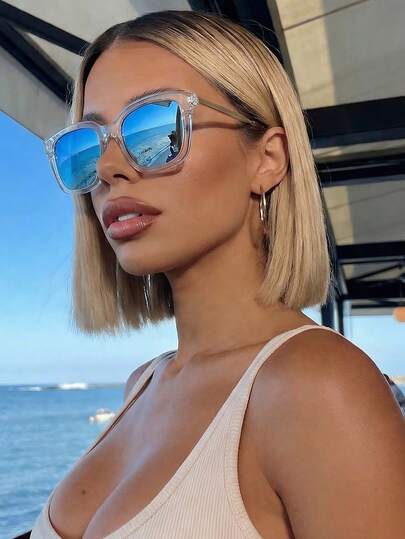 复古方形大框彩色镜片时尚眼镜，金属镜腿，经典款式，适合户外旅行、海滩度假、休闲佩戴，夏季防紫外线，男女通用