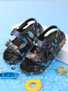 Kids' Beach Slippers, Summer Slip-On Sandals, Girls' Open Toe Sandals, Breathable Water Shoes, Printed, Hook And Loop, Outdoor Shoes - Black - View 10