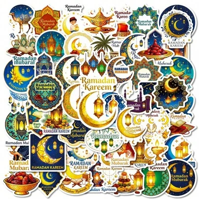 56张开斋节节日氛围斋月灯笼DIY防水涂鸦贴纸，适用于笔记本、电脑、手机壳、行李箱、水瓶、滑板、吉他、门、保险箱等，礼品装饰艺术贴纸，手绘装饰无缝贴纸