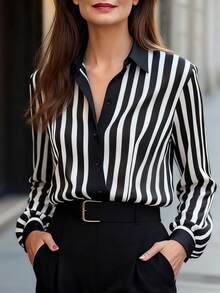 女士现代通勤黑白竖条纹衬衫，条纹撞色前襟纽扣，度假风 - 黑與白 - 查看 1