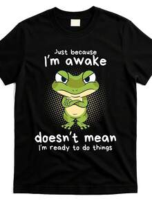1pc Man' S  Frog Print Black TShirt, Crew Neck, Casual Cotton Tee, Medium Stretch Knit Fabric, Regular Fit For Boys& Man, Perfect For Spring/Summer/Fall - 黑色 - 查看 1