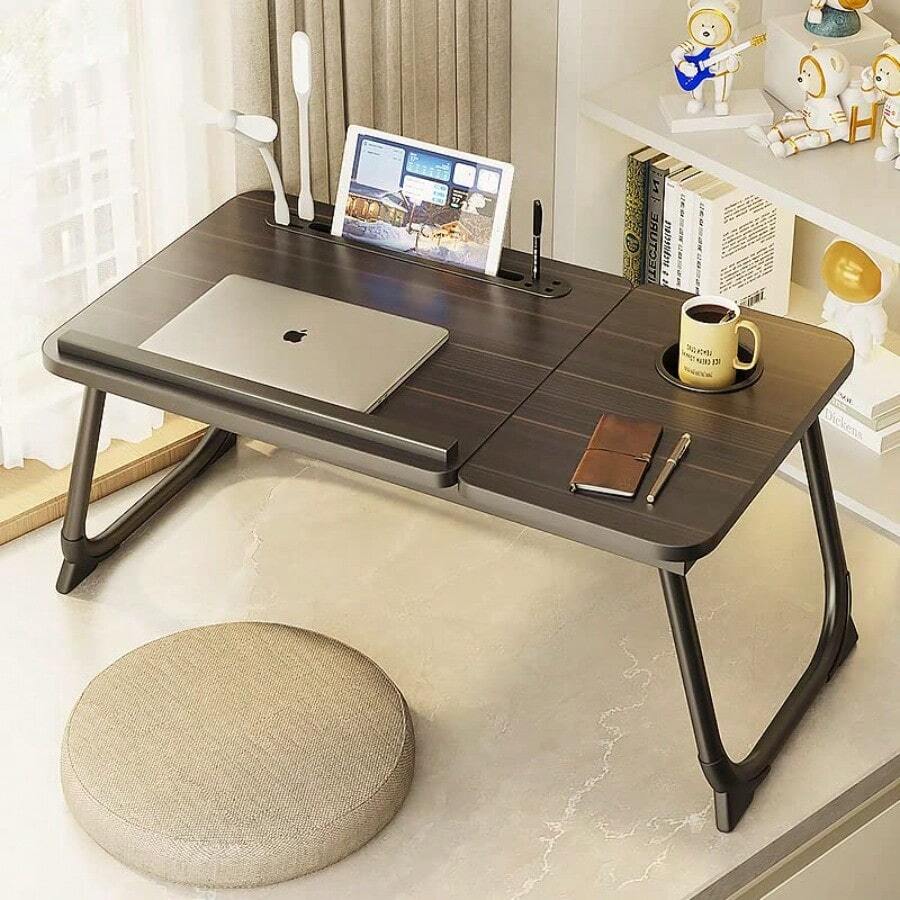 Mesa para Cama Plegable Escritorio Portatil para Laptop Mesita Laptop Cama con Portavasos con Ventilador y Luz de Lectura Ranura Inclinación Ajustable de 5 Niveles para Comer Estudiar y Trabajar-009 - Oro negro - Ver 1