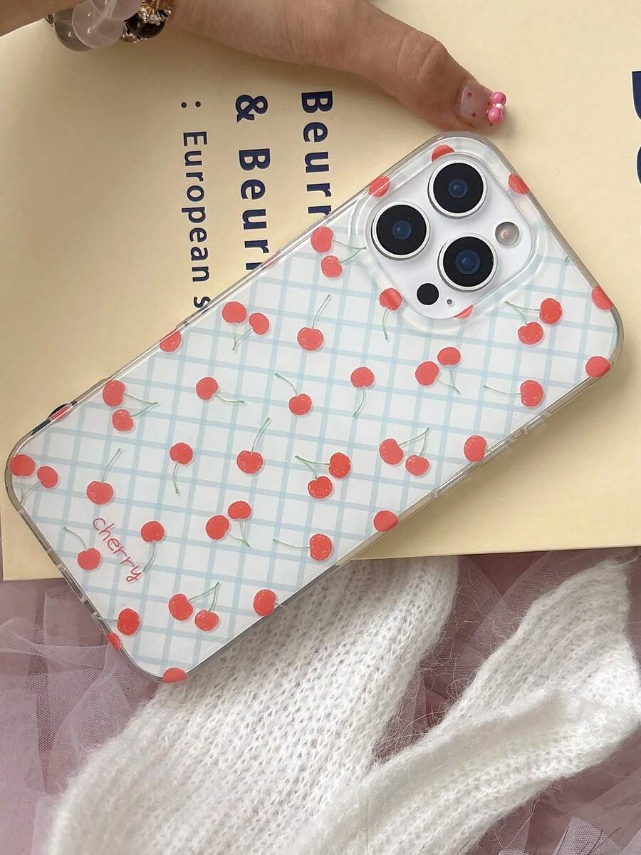 Minimalist Fashion Blue Plaid Cherry Phone Case Suitable For IPhone 16 15 14 13 - White - View 1