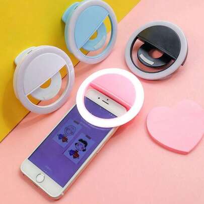 Generic Clip-On LED Selfie Ring Light. Universal And Portable With Adjustable Brightness( Pink/White)
