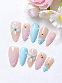 10 Móng Tay Giả Thủ Công Màu Xanh Nhạt Hồng Trung Bình Hình Hạnh Nhân Có Viền Vàng Thích Hợp Cho Tiệc Tối, Móng Tay Nhân Tạo Tái Sử Dụng Cho Phụ Nữ & Bé Gái, Bộ Dụng Cụ Làm Móng Nghệ Thuật Kèm Miếng Dán Jelly - Nhiều màu - Xem 12