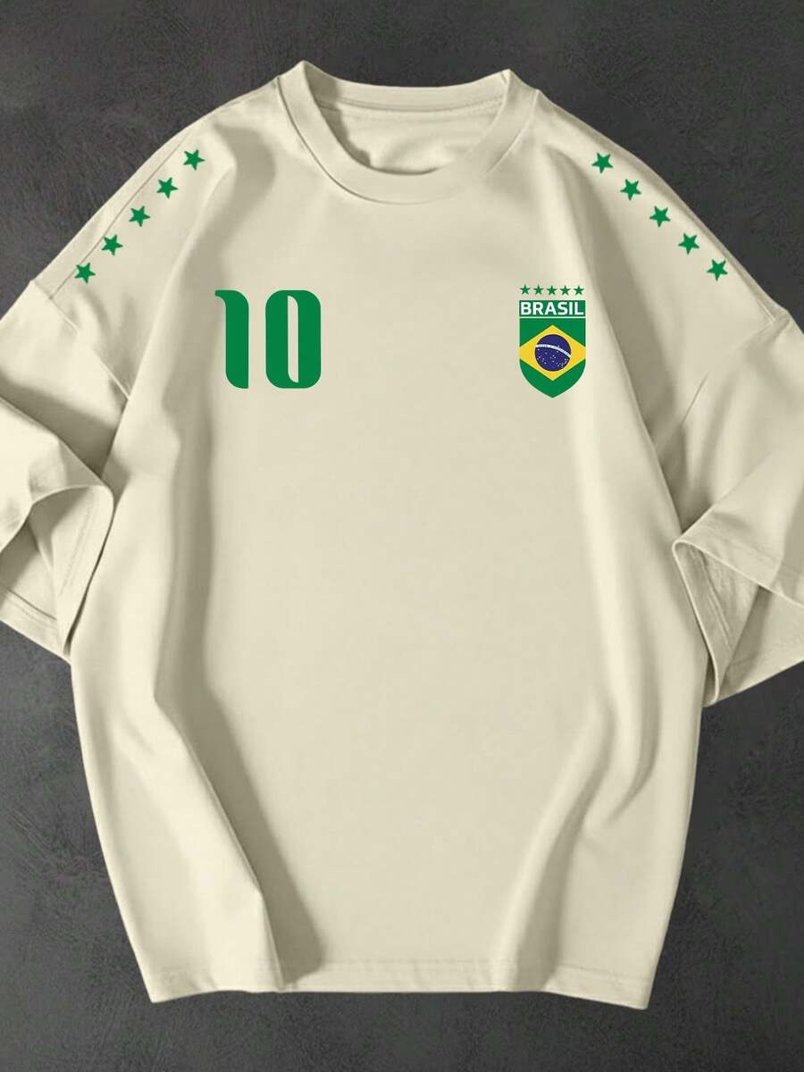 Women's Oversized T-Shirt Brazil National Team Number 10 College Street Style Loose T-Shirt - 奶油色 - 查看 1