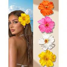 4pcs Hawaii Flower Hair Clips, Suitable For Women, 4 Pieces Artificial Flower Hair Clips, Hibiscus And Lotus Flower Hair Clips, Suitable For Beach Party, Tropical Flower Hair Accessories For Summer, Great Gift For Girls ,Flat Claw Clip, Hair Slide, Hair Claws, School Stuff - 多色-3 - 查看 2