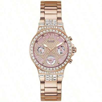  GUESS 女士奢华多功能石英腕表，粉钻表盘，不锈钢表带 - GW0320L6