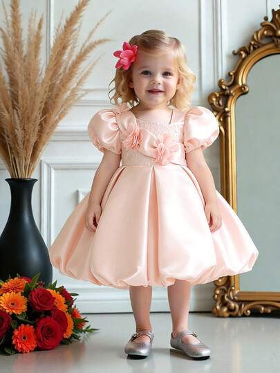 Baby Girls' Puff Sleeve Lace 3D Floral Satin Cute Flower Girl Wedding Party Dress, Suitable For 1st Birthday Party, Excluding Headband