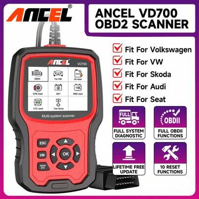 ANCEL VD700 OBD2 扫描仪，适用于大众、奥迪、西雅特，全系统诊断，10 项重置功能（机油、胎压监测、电子驻车制动器、节气门、喷油器、转向系统、柴油颗粒过滤器），终身免费更新，是送给汽车爱好者的完美节日礼物。