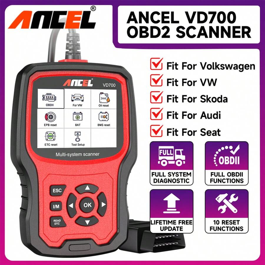 ANCEL VD700 OBD2诊断工具，兼容大众、奥迪、西雅特，全系统诊断，10项重置功能（机油、胎压、EPB、节气门、喷油器、SAS、DPF），终身免费更新，是送给汽车爱好者的完美节日礼物。