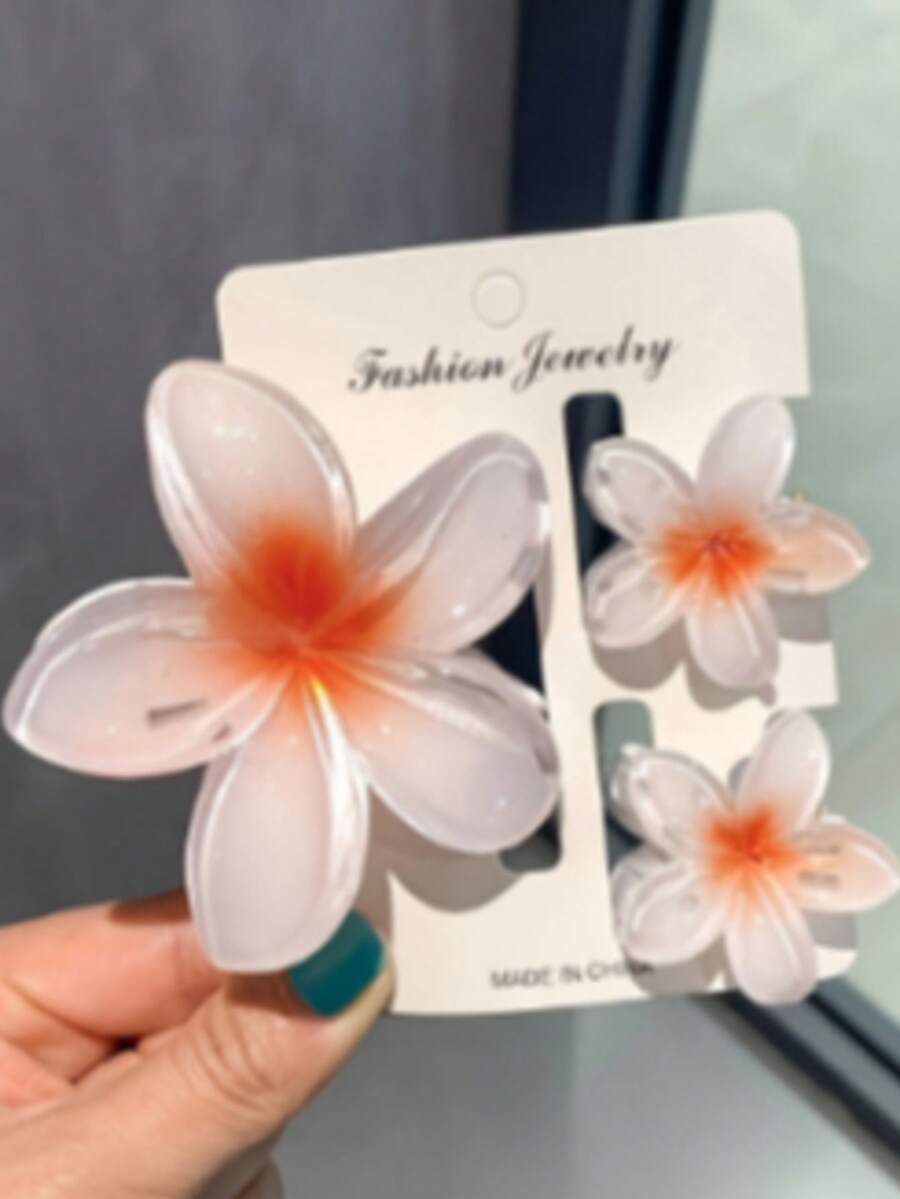 3 Large Flower Hair Clips For Women - Elegant, Simple, Lightweight Plastic Hair Clips, Suitable For Everyday, Parties, Ponytails, And Buns, Pink And White, Valentine's Day Gift, Cute Hair Accessory, Fashionable Hair Clip, Glossy Design, Durable Material, Suitable For Everyday Wear, Special Occasions,  Hair Accessory - White - View 1