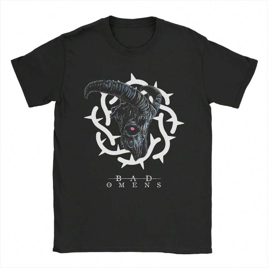 Camisetas divertidas de para hombres, de algodón, de manga corta, con cabeza de cabra de metalcore, cuello redondo, ropa de verano - Negro - Ver 1
