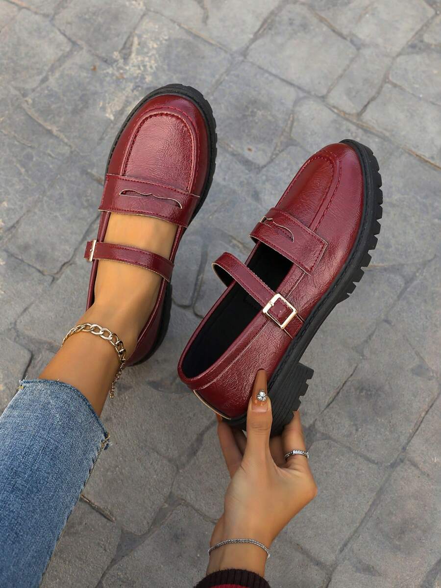 Spring/Autumn New Retro British Style Round Toe Flat Mary Jane Shoes, Versatile - Burgundy - View 1