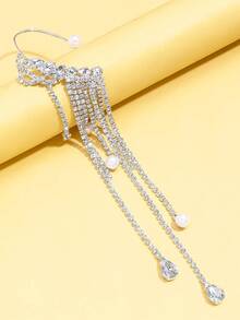 1pc Fashionable Crystal Tassel Earrings, Minimalist Elegant Pearl Earrings, Party Jewelry - Silver - View 3
