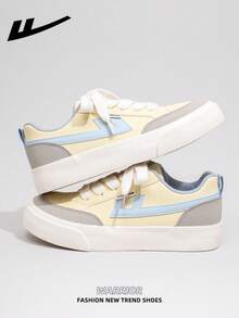 1双 WARRIOR 女士厚底系带软底休闲鞋，夏季低帮户外平底鞋，圆头低跟防滑纯色优雅软底徒步鞋，适合学生毕业照，女士低帮皮质运动鞋 - 黃/灰/淺藍 - 查看 3