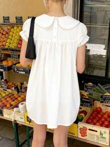 Women Short Sleeve Shirts Solid Color Doll Collar Mini Dress Stylish Loose Fit Y2k Ruched Short Dress Fashionable Elegant Summer Casual Tops Streetwear - trắng - Xem 6