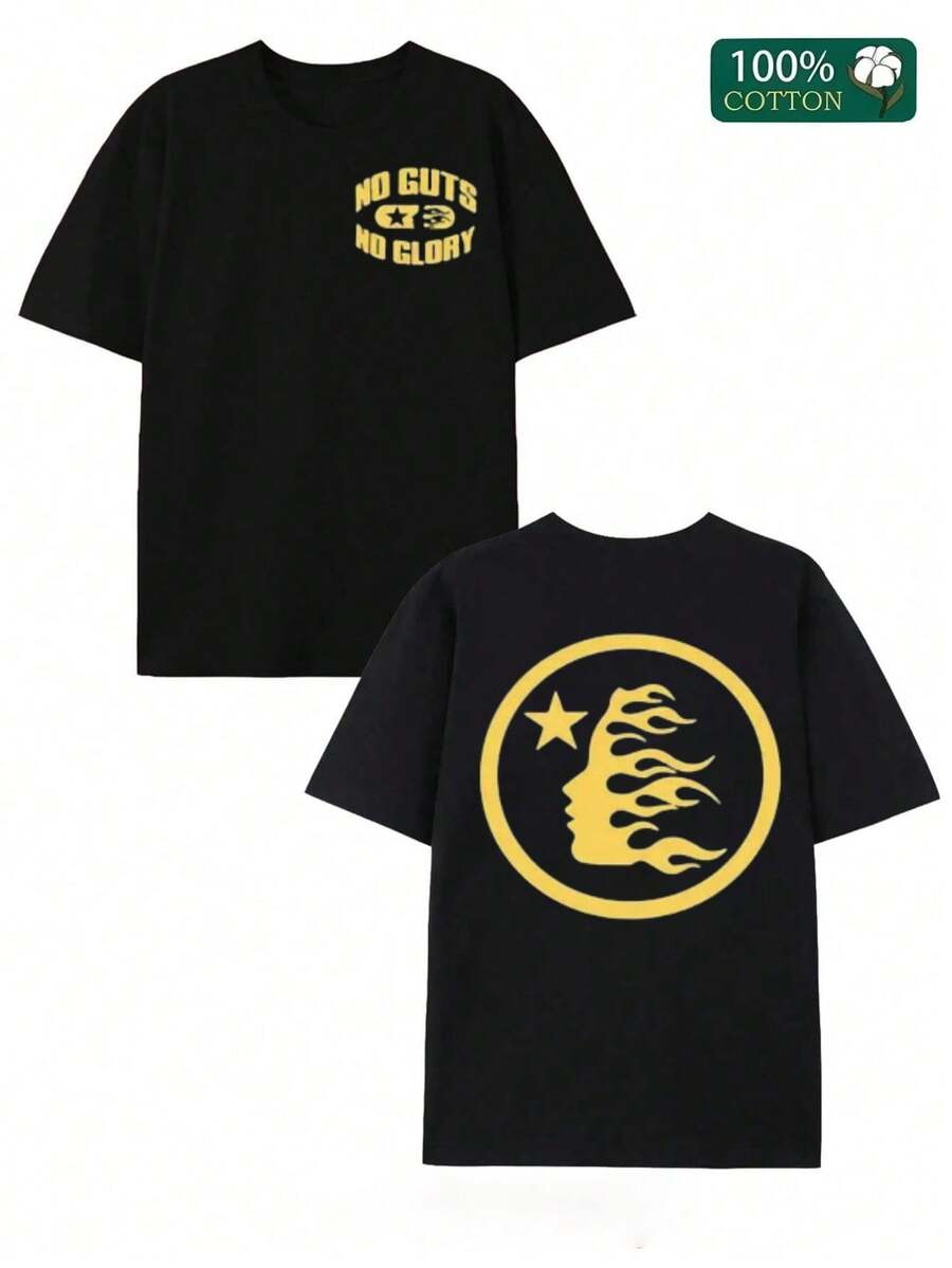 Double-Sided Digital Flame Face Printed T-Shirt With "" Motif Breathable T-Shirt | Avant-Garde Casual Wear 1Pcs Casual Soft Short Sleeve Pure 100% Cotton 220gsm - 黑色 - 查看 1