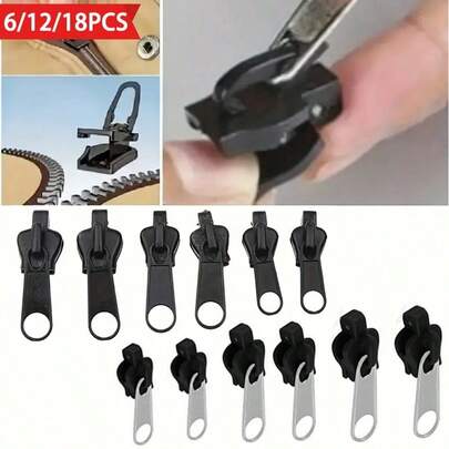6/12/18pcs Universal Zipper Repair Kit, Instant Zipper Slider Replacement With Detachable & Reusable Zipper Pulls, 3 Sizes, Black, Suitable For Various Clothing And Bag Repair Situations