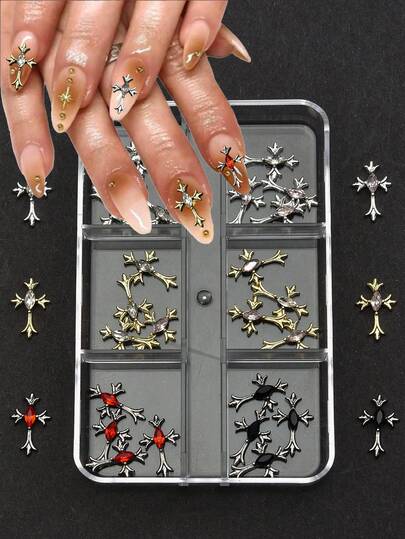 30pcsY2K Gold, Silver And Black Cross Nail Decoration Set With Rhinestones Black, White, Pink, Red Rhinestones Alloy Nail Art DecorationsNail Charm Nail Accessories Suitable For Manicure DlY Styling