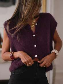 Women's Dark Purple Fuzzy Knit Vest, Retro Spring & Autumn Commute Date Vacation Layering Versatile Sleeveless Top - Purple - View 5