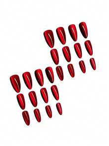 美感血红色水晶猫眼按压式美甲贴片，长款杏仁红色猫眼亚克力假指甲，适合女性和女孩日常佩戴，锐舞派对美甲用品 - 紅色 - 查看 3