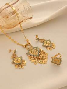 1 Set Boho Style Copper Alloy Gold Plated Small Disc Tassel Turquoise Bead Inlaid Pendant Necklace, Earrings, Ring Jewelry Set, Suitable For Women's Daily Wear And Holiday Gifts - Yellow Gold - View 9