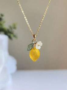 1pc Refreshing & Cute Resin Lemon Flower Pendant Necklace, Sweet Jewelry Gift For Women's Daily Wear - Yellow - View 1
