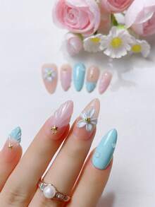 10 Móng Tay Giả Thủ Công Màu Xanh Nhạt Hồng Trung Bình Hình Hạnh Nhân Có Viền Vàng Thích Hợp Cho Tiệc Tối, Móng Tay Nhân Tạo Tái Sử Dụng Cho Phụ Nữ & Bé Gái, Bộ Dụng Cụ Làm Móng Nghệ Thuật Kèm Miếng Dán Jelly - Nhiều màu - Xem 4