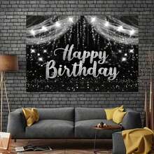 1pc Black & Silver Birthday Backdrop, Happy Birthday Photography Background, Silver Glitter Birthday Party Decorative Banner, Photo Studio Props, Photography Background Foot Decor, Party Photo Backdrop - Multicolor - View 3