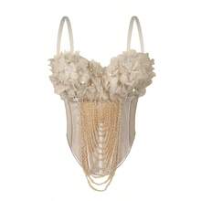 Local Delivery -Wearable Fishbone Bra, Sexy Women's Camisole Top Lining Stage Performance Bra, Women's Clothing Elegant Pearl 3D Mesh Flower Beaded Chain Design - Màu be - Xem 8