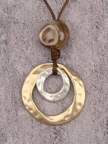 1 件时尚奢华极简主义混合几何金色和银色不对称扭曲图案双环合金吊坠项链，蜡线打结长链，送给母亲或女友的礼物 - 幾何形 - 查看 16