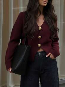 Women's Casual Slim Fit Solid Color V-Neck Drop Shoulder Metal Button Hem Slit Long Sleeve Knit Cardigan Loose Outerwear, Spring/Summer/Autumn - Burgundy - View 6