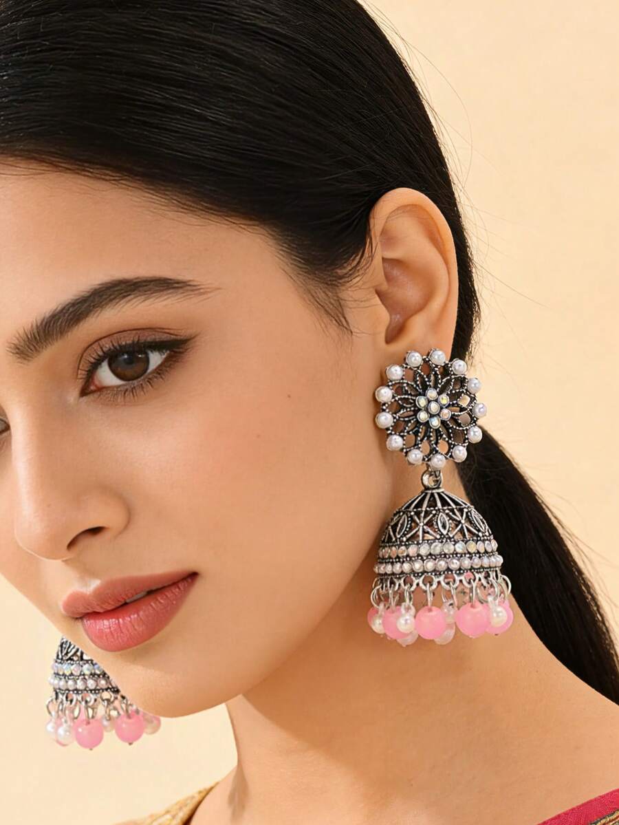 Vintage Style Flower Drop Earrings With Faux Pearl Decor,Charming Beads Tassel Earrings Jewelry For Women's Daily Wear,Festival /Ramadan Accessories Gifts - Pendant Type - View 1