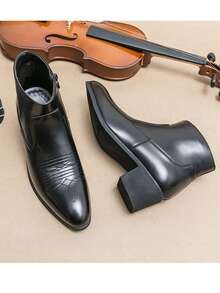 Men's Pointed-Toe Chelsea Boots With Side Zipper And Slip-On Design, Featuring A Chunky Heel. These Formal Western-Style Dress Boots Are Ideal For Business Negotiations And Other Formal Occasions - màu đen - Xem 7