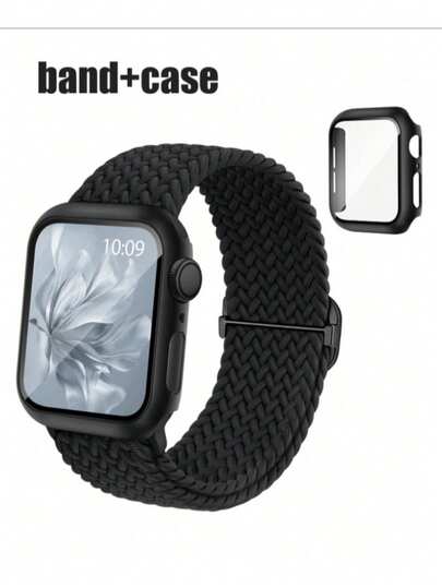 1個の編み込み伸縮性バンド、Apple Watchバンドとケースに対応、40mm 41mm 42mm 44mm 45mm 46mm 49mm、ナイロン伸縮性ソロループとスクリーンプロテクター付き保護カバー、シリーズ9、8、7、SE、6、5、4、男性と女性に対応。