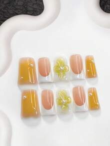 10片装极简法式亚克力美甲套装，手工渐变柠檬花美甲装饰，闪亮白色钻石点缀，黄色扎染效果，白色指甲油，清新夏日风格，送给女性和女孩的理想美甲礼物，美甲用品，手工按压式美甲贴片 - 彩色 - 查看 2