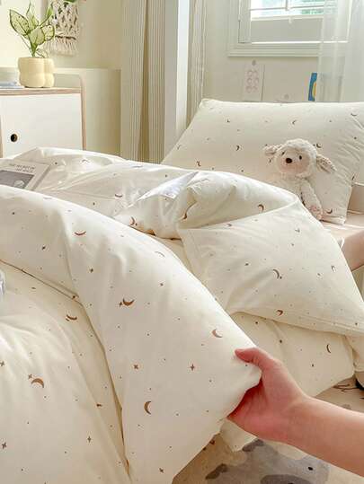 3 piezas Juego de ropa de cama 100% algodón con estampado de luna y galaxia, 2 fundas de almohada + 1 funda de edredón
