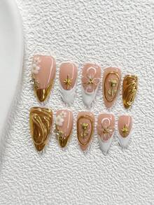 Bộ dụng cụ làm móng nghệ thuật cao cấp và thanh lịch 10 món, bao gồm: miếng dán móng kiểu Pháp, decal dập hoa thủ công, hoa sao và hoa hồng 5 cánh, móng giả giọt nước, gel móng trắng và vàng, bộ dụng cụ làm móng, có 3 kích cỡ: hình quan tài, hình hạnh nhân và hình nhọn, phù hợp cho phụ nữ dự tiệc và các dịp lễ. - Nhiều màu - Xem 19