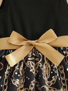 4-7 Years Old Girls' Off-Shoulder Strap Dress, Strap Shoulder Design Top Paired With Printed Skirt, Suitable For Summer Vacation, Festivals, Daily Wear - Black - View 4