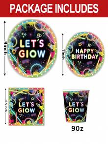 10pcs Glow Party Supplies Set, Including Disposable Paper Plates, Cups, Napkins, Suitable For Birthday, Baby Shower And Other Neon Theme Decorations - Multicolor - View 2
