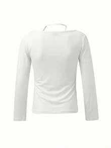 性感撞色蕾丝长袖T恤，修身剪裁，优雅时尚 - 白色 - 查看 8