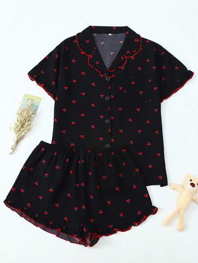 [Dreamery]樱桃印花女士泡泡褶皱短袖短裤睡衣套装