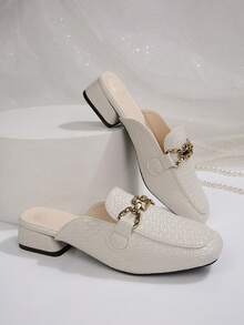 Beige Square Toe Flat Mule Shoes With Metal Buckle, Fashionable Patent Leather Gingham Print Loafers, Elegant Backless Flat Shoes For Women, Spring/Summer - Beige - View 6