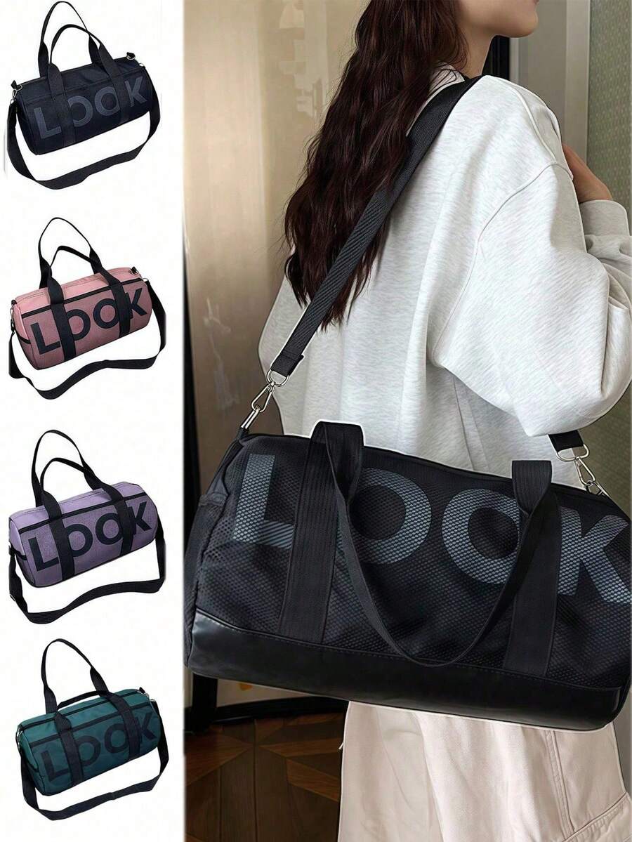 1个可折叠防水旅行手提包，尺寸38x22厘米，带肩带，轻便健身包，带内袋，适合旅行、运动、舞蹈，粉色，情人节好礼 - 彩色 - 查看 1